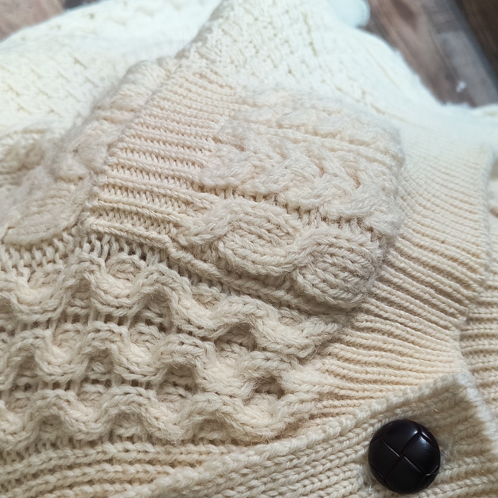 Vintage Carraig Donn 100% Wool Cream Chunky Knit Fisherman Cardigan Sz Large M - Picture 13 of 17
